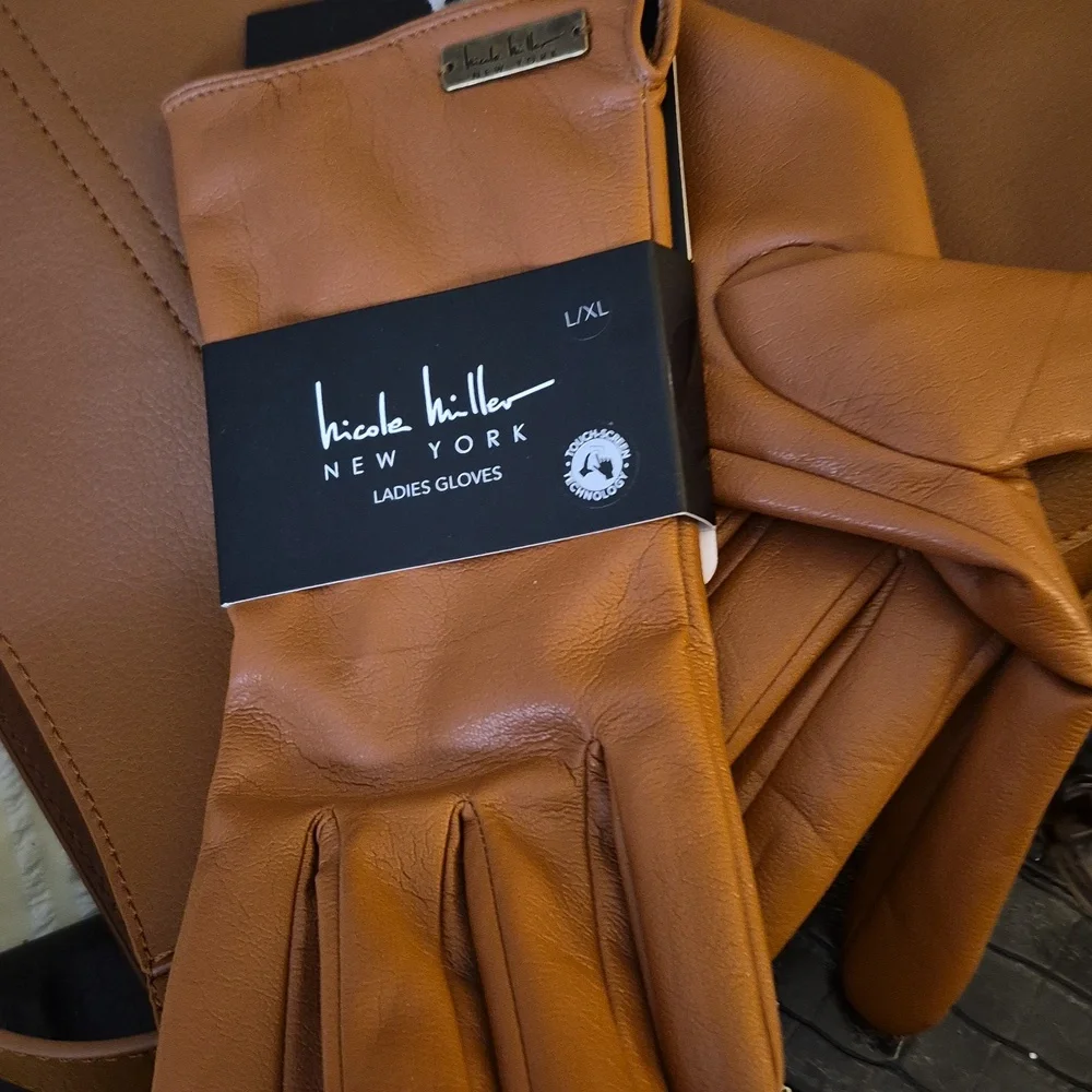 Nicole Miller Cognac Soft vegan leather womens gloves Sz S/M NWT